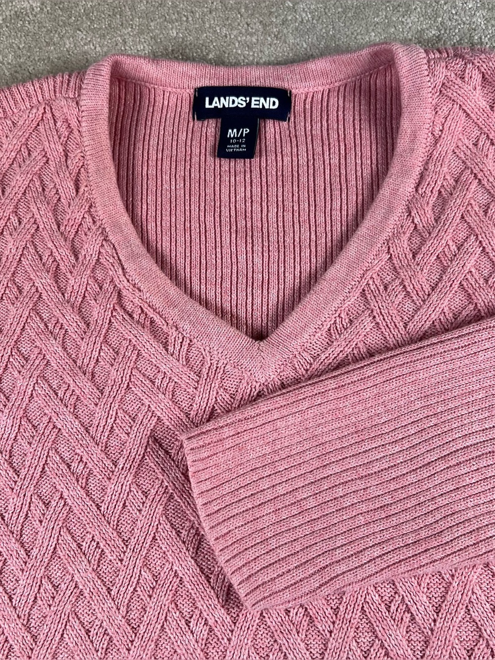 Lands End Sweater Pink V Neck 100% Cotton Criss Cross Knit Women's Medium